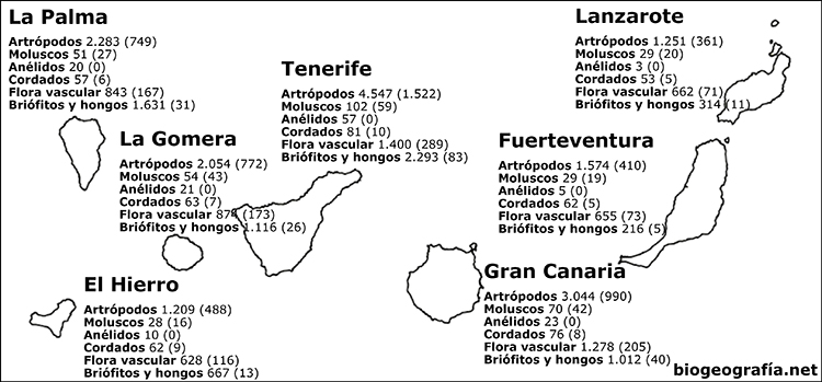 Mapa de endemismos de Canarias