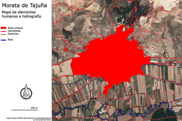 Mapa hidrológico y humano de Morata de Tajuña